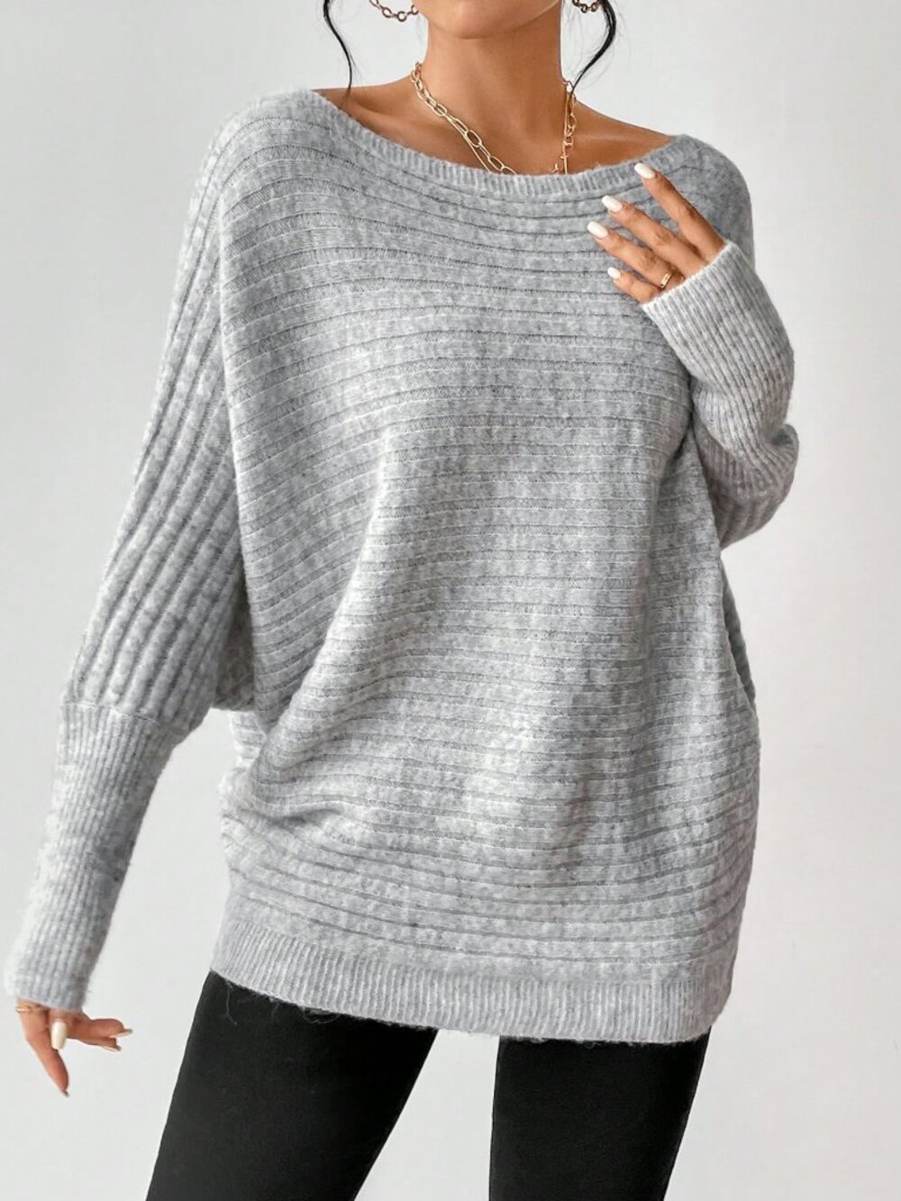 Light Grey Casual Women's Boat Neck Batwing Sleeve Sweater